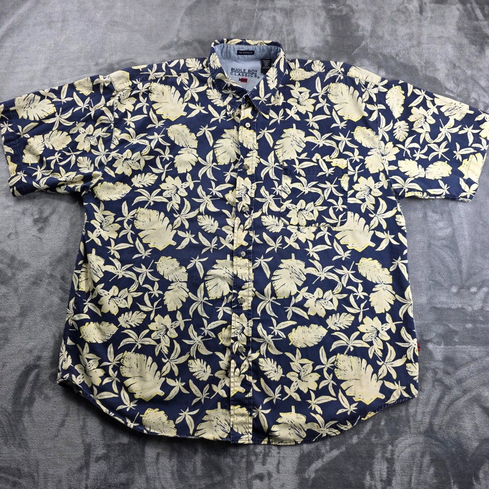 Bugle Boy Button Down Shirt Mens XXL Blue‎ Tropical Leaf Floral Short Sleeve
